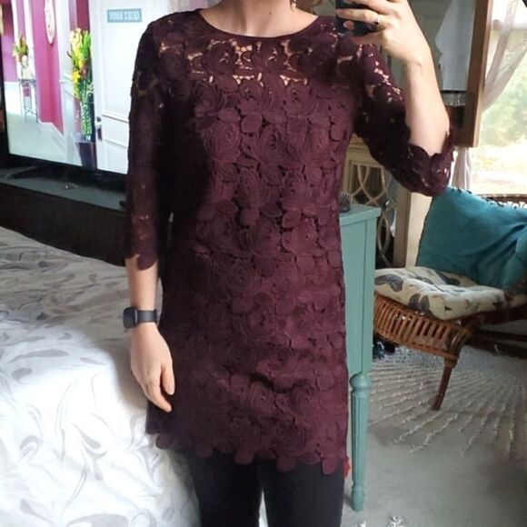 Loft Maroon Floral Lace Dress - Picture 1 of 14